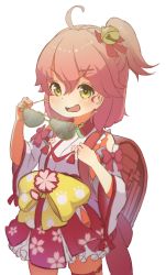 Rule 34 | 1girl, aged down, ahoge, backpack, bag, bell, cherry blossom print, fang, floral print, green eyes, hair bell, hair between eyes, hair ornament, hairclip, holding, holding bag, hololive, looking at viewer, moritatsu, open mouth, paw print, paw print pattern, pink hair, sakura miko, sakura miko (1st costume), solo, sunglasses, sunglasses removed, transparent background, virtual youtuber, white background, x hair ornament