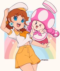 Rule 34 | 2girls, alternate costume, blue eyes, breasts, brown hair, cremanata, earrings, flower earrings, grin, hat, highres, jewelry, looking at viewer, mario (series), mario kart, mario kart tour, multiple girls, navel, nintendo, open mouth, princess daisy, princess daisy (sailor), sailor collar, shorts, smile, toadette, tomboy, twintails