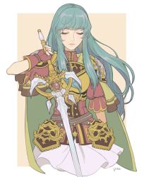 Rule 34 | 1girl, armor, breastplate, cape, closed eyes, eirika (fire emblem), fire emblem, fire emblem: the sacred stones, gloves, green hair, grey background, highres, holding, holding sword, holding weapon, jivke, long hair, nintendo, ornate armor, simple background, skirt, solo, sword, weapon