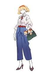 Rule 34 | 1girl, alice margatroid, alternate costume, bag, belt, belt buckle, blonde hair, blue eyes, blue pants, buckle, closed mouth, collared shirt, doll, full body, hairband, handbag, highres, long sleeves, looking at viewer, medium hair, pants, red belt, red hairband, shirt, simple background, solo, standing, touhou, white background, white shirt, zenritsu