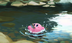 Rule 34 | 1boy, blue eyes, blush stickers, day, fish, fish in mouth, highres, kirby, kirby (series), male focus, mouth hold, nintendo, no humans, outdoors, partially submerged, river, rock, solo, suyasuyabi, water