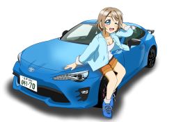 Rule 34 | 1girl, aqua jacket, artist name, artist request, bare legs, blue eyes, blue footwear, blush, bow, collarbone, collared jacket, fedora, female focus, full body, grey hair, hat, highres, jacket, light brown hair, looking at viewer, love live!, love live! school idol festival, love live! sunshine!!, mattsun syonan, one eye closed, orange pants, orange shorts, pale color, pants, parted lips, shirt, shoes, short hair, short shorts, shorts, smile, solo, toyota, toyota 86, watanabe you, white background, white shirt