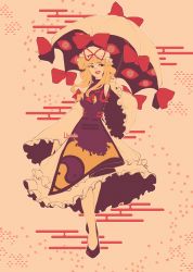 Rule 34 | 1girl, absurdres, artist name, black footwear, blonde hair, breasts, cloud, crossed legs, dress, egasumi, flame print, frilled dress, frilled sleeves, frills, hair ribbon, hat, hat ribbon, highres, holding, holding umbrella, large breasts, linmiee, looking to the side, medium hair, mob cap, parted lips, red ribbon, ribbon, smile, solo, tabard, touhou, tress ribbon, umbrella, umbrella bow, watson cross, white dress, white hat, white umbrella, wide sleeves, yakumo yukari, yin yang