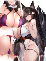 Rule 34 | 1girl, absurdres, amagi (azur lane), amagi (wending waters serene lotus) (azur lane), ass, azur lane, bad id, bad twitter id, bare shoulders, black hair, blush, bow, bowtie, breasts, cleavage, closed mouth, covered navel, cowboy shot, detached collar, detached sleeves, fox tail, g3 (bitgiii), hand on own chest, highres, large breasts, long hair, long sleeves, multiple tails, multiple views, panties, purple eyes, smile, tail, thighs, underwear, white background