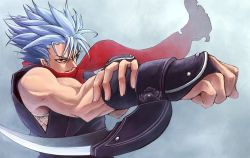 Rule 34 | 1boy, arm blade, armor, bad id, bad pixiv id, chipp zanuff, guilty gear, japanese armor, kote, male focus, muscular, ninja, red eyes, red scarf, ryuga (balius), scarf, silver hair, sleeveless, solo, spiked hair, weapon