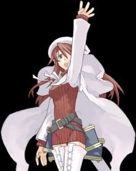 Rule 34 | 1girl, arm up, aty, aty (summon night), belt, belt skirt, belted skirt, black background, blue eyes, boots, cape, dress, hair over one eye, kuroboshi kouhaku, long hair, microskirt, miniskirt, open mouth, outstretched arm, outstretched hand, reaching, red hair, simple background, skirt, solo, summon night, summon night 3, thigh boots, thighhighs, turtleneck, white thighhighs, zettai ryouiki