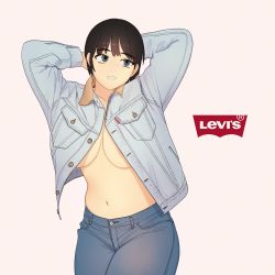 Rule 34 | 1girl, arms up, black hair, blue eyes, breast pocket, breasts, cleavage, collarbone, commentary, denim, denim jacket, highres, jacket, jeans, large breasts, levi&#039;s, long sleeves, monamin, navel, no shirt, original, pants, parted lips, plump, pocket, short hair, smile, solo, teeth, upper body