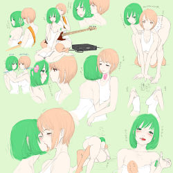 Rule 34 | 2girls, alternate hair length, alternate hairstyle, arm support, ass, bare shoulders, bass guitar, blush, bob cut, bottomless, breasts, brown hair, closed eyes, covered erect nipples, eye contact, flat chest, from behind, girl on top, green eyes, green hair, hatsune miku, highres, hug, imminent kiss, instrument, kiss, kissing neck, licking lips, lips, looking at another, looking back, meiko (vocaloid), moaning, multiple girls, no panties, nude, short hair, sketch, strap slip, takai, tongue, tongue out, vocaloid, yuri