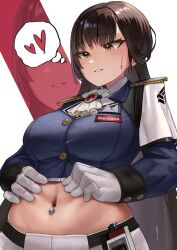 Rule 34 | 1girl, absurdres, ascot, black hair, blush, breasts, brown eyes, commentary request, cowboy shot, crop top, cropped jacket, epaulettes, gloves, goddess of victory: nikke, heart, highres, id card, jacket, large breasts, long hair, long sleeves, looking down, marciana (nikke), midriff, military jacket, military uniform, name tag, navel, navel piercing, o o k i n a, pants, parted lips, piercing, sidelocks, smile, solo, spoken heart, spread navel, standing, sweat, tight clothes, tight pants, uniform, white ascot, white background, white gloves, white pants, zoom layer
