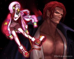 Rule 34 | 1boy, 1girl, artist request, bare legs, breasts, dress, father and daughter, happy, headphones, highres, lips, long hair, multicolored hair, muscular, music, one piece, one piece film: red, open mouth, pale skin, pectorals, red hair, shaded face, shanks (one piece), simple background, singing, smile, twitter username, two-tone hair, uta (one piece), very long hair
