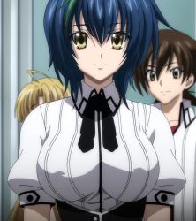 Rule 34 | 10s, blue hair, breasts, high school dxd, highres, large breasts, school uniform, screencap, short hair, smile, standing, stitched, third-party edit, xenovia quarta, yellow eyes