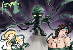 Rule 34 | 1boy, 1girl, amumu, bdsm, blonde hair, bondage, bound, brown hair, closed eyes, gagged, hairband, league of legends, long hair, lux (league of legends), nam (valckiry), nude, short hair, taric, tears, tentacles, you gonna get raped
