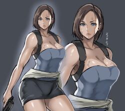 Rule 34 | 1girl, blue eyes, breasts, brown hair, cleavage, gloves, groin, gun, handgun, highres, holding, jill valentine, large breasts, lips, looking at viewer, resident evil, resident evil 3: nemesis, shibusun, short hair, simple background, skirt, solo, weapon