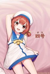Rule 34 | 1girl, arm up, armpits, blush, brown eyes, dress, hair between eyes, hat, highres, himitsu neko, kaiboukan no.4 (kantai collection), kantai collection, lifted by self, looking at viewer, lying, on back, on bed, open mouth, sailor dress, sailor hat, short hair, short sleeves, smile, solo, white dress, white hat