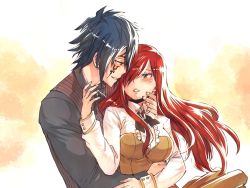 Rule 34 | 1boy, 1girl, black bow, black neckwear, blue hair, blush, bow, bowtie, brown dress, brown eyes, couple, dress, erza scarlet, eye contact, facial mark, fairy tail, floating hair, grin, hair over one eye, hug, hug from behind, jellal fernandes, long hair, looking at another, pleated dress, red hair, rusky, shirt, short dress, smile, upper body, white shirt