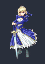 Rule 34 | 1girl, absurdres, ahoge, armor, artoria pendragon (all), artoria pendragon (fate), black background, blonde hair, blue eyes, blue ribbon, braid, closed mouth, commentary request, dress, excalibur (fate/stay night), fate/stay night, fate (series), french braid, frown, greaves, grey footwear, hair ribbon, hand on sword, highres, holding, holding weapon, juliet sleeves, long dress, long sleeves, looking at viewer, muichimon, petticoat, puffy sleeves, ribbon, saber (fate), short hair, simple background, solo, standing, sword, v-shaped eyebrows, weapon