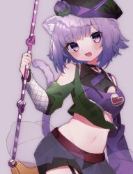 Rule 34 | 1girl, :d, animal ears, blush, braid, breast cutout, cat ears, cat girl, cat tail, clothing cutout, collared shirt, crop top, eringikinono, flower, garter straps, hat, hat flower, highres, holding, hololive, layered skirt, long sleeves, midriff, navel, nekomata okayu, nekomata okayu (poisonya syndrome), off-shoulder shirt, off shoulder, open mouth, partially unzipped, purple eyes, purple hair, see-through, see-through skirt, shirt, short hair, shoulder cutout, skirt, smile, solo, tail, virtual youtuber