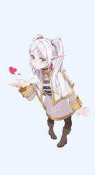 Rule 34 | 1girl, 912637808, absurdres, cape, chinese commentary, commentary request, earrings, elf, frieren, full body, green eyes, heart, highres, jewelry, long hair, long sleeves, looking at viewer, negative space, pantyhose, pigeon-toed, pointy ears, puckered lips, shirt, shoes, sideways glance, simple background, solo, sousou no frieren, standing, striped clothes, striped shirt, thick eyebrows, twintails, white background, white cape, white hair