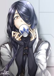 Rule 34 | 1boy, absurdres, black shirt, blue hair, covered mouth, cup, dark blue hair, drinking, fate/grand order, fate (series), hair over one eye, hair over shoulder, high collar, highres, holding, holding cup, jacket, jinkoshi itori, long hair, looking at viewer, male focus, paracelsus (fate), shirt, sleeves past wrists, solo, teacup, turtleneck, upper body, wall, white jacket, yellow eyes