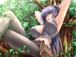 Rule 34 | 1girl, against tree, armpits, arms behind head, arms up, belt, belt pouch, blue hair, breasts, breasts apart, camisole, covered erect nipples, crop top, crossed legs, denim, from side, front-tie top, g.j?, game cg, hair over one eye, hair ribbon, huge breasts, in tree, jeans, lipstick, long hair, looking down, makeup, midriff, nature, navel, ogushi yuniko, outdoors, pants, parted lips, ponytail, pouch, ribbon, sano toshihide, shichinin no online gamers, sitting, sitting in tree, solo, sunlight, tree, very long hair, wide hips, yellow eyes
