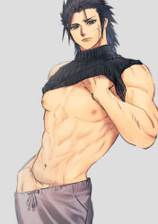 Rule 34 | 1boy, ah yoshimizu, biceps, black hair, blue eyes, commentary request, crisis core final fantasy vii, facial scar, final fantasy, final fantasy vii, final fantasy vii remake, hair slicked back, hand in pants, highres, male focus, muscular, nipples, partially undressed, pectorals, scar, scar on cheek, scar on face, sleeveless, sleeveless turtleneck, spiked hair, sweatdrop, topless male, turtleneck, undressing, zack fair