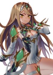 Rule 34 | 1girl, bare legs, bare shoulders, blonde hair, breasts, chest jewel, cleavage, cleavage cutout, clothing cutout, dress, earrings, elbow gloves, gloves, highres, jewelry, large breasts, long hair, mythra (xenoblade), nintendo, short dress, swept bangs, thigh strap, thupoppo, tiara, very long hair, white dress, white gloves, xenoblade chronicles (series), xenoblade chronicles 2, yellow eyes