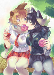Rule 34 | 10s, 2girls, animal ears, antlers, bare arms, between breasts, biting, black hair, black scarf, black skirt, black sweater, blonde hair, blue eyes, breast pocket, breast press, breasts, cowboy shot, day, extra ears, eye contact, food, fur collar, gradient eyes, grass, grey legwear, hand up, holding, holding food, horns, impossible clothes, impossible shirt, impossible sweater, japari bun, kemono friends, lion (kemono friends), lion ears, lion tail, long hair, long sleeves, looking at another, medium hair, moose (kemono friends), moose ears, mouth hold, multicolored eyes, multiple girls, necktie, necktie between breasts, nib pen (medium), open mouth, outdoors, pantyhose, plaid, plaid neckwear, plaid skirt, plaid sleeves, pocket, purple eyes, scarf, shirt, short sleeves, sitting, skindentation, skirt, smile, sweatdrop, sweater, tail, takano itsuki, thighhighs, traditional media, white legwear, white shirt, wide-eyed, yellow eyes, zettai ryouiki