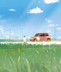Rule 34 | 1boy, 1girl, blurry, broken, building, car, city, cloud, day, depth of field, field, flat tire, grass, gym uniform, hands on lap, highres, leaf, light rays, looking at another, looking back, loundraw, motor vehicle, mukai suguri, original, outdoors, power lines, rice paddy, road, scenery, short hair, signature, sitting, sky, squatting, suzuki, takahagi sousuke, tatoeba suguri to ore no koi, tire, utility pole, vehicle, water, wrench