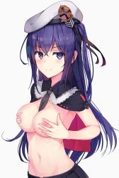 Rule 34 | 1girl, azur lane, bad id, bad pixiv id, beret, between breasts, breast hold, breasts, commentary request, covering privates, covering breasts, hair between eyes, hat, heterochromia, highres, irorinekodon, long hair, looking at viewer, medium breasts, navel, nipples, purple hair, simple background, smile, solo, stomach, white background, z36 (azur lane)