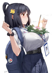 Rule 34 | 1girl, backpack, badge, bag, black hair, black skirt, blush, bra, bra visible through clothes, breasts, brown eyes, button badge, collared shirt, commentary, dress shirt, english commentary, gao (gaolukchup), hair ornament, hands up, i heart..., lanyard, large breasts, loogchoob (gaolukchup), original, paid reward available, parted lips, pleated skirt, pornhub, school uniform, see-through, shirt, signature, simple background, skirt, solo, underwear, watermark, white background, white bra, white shirt