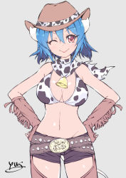 Rule 34 | 1girl, absurdres, animal print, bad id, bad pixiv id, bell, belt, bikini, bikini top only, blue hair, blush, breasts, brown hat, chaps, cleavage, closed mouth, collar, cow girl, cow horns, cow print, cow tail, cowbell, cowboy hat, gloves, hair between eyes, hands on own hips, hat, highres, horns, jashin-chan dropkick, large breasts, looking at viewer, midriff, minos (jashin-chan dropkick), navel, neck bell, one eye closed, print bikini, red eyes, shirt, short hair, short shorts, shorts, simple background, smile, solo, standing, stomach, swimsuit, tail, tongue, tongue out, yuuki shushu