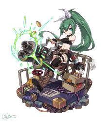 Rule 34 | &gt; &lt;, 10s, 1girl, :d, > <, absurdres, black socks, closed eyes, firing, full body, gears, green eyes, green hair, gun, highres, kneehighs, kyouki no kimi, looking at viewer, merc storia, open mouth, ponytail, shorts, simple background, smile, socks, solo, thigh strap, touhou, weapon, white background, wince, xd