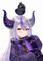 Rule 34 | 1girl, absurdres, animal, animal on head, bird, bird on head, blush, braid, closed mouth, collar, commentary request, crow (la+ darknesss), demon horns, hair between eyes, highres, hololive, horns, jacket, la+ darknesss, la+ darknesss (1st costume), long hair, long sleeves, looking at viewer, metal collar, multicolored hair, on head, pi tayuko, pointy ears, purple hair, purple jacket, signature, silver hair, simple background, sleeves past fingers, sleeves past wrists, solo, streaked hair, virtual youtuber, white background, yellow eyes