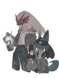 Rule 34 | :&lt;, belt, blaziken, brown jacket, closed mouth, clothed pokemon, colored sclera, commentary request, creatures (company), cup, drinking straw, game freak, gen 3 pokemon, gen 4 pokemon, holding, holding cup, horns, jacket, lucario, nintendo, off shoulder, pants, pokemon, pokemon (creature), shirt, suramo (lbsto3m), twitter username, watermark, white background, white shirt, yellow sclera