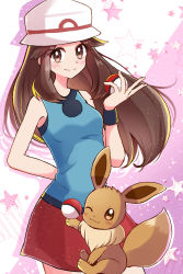 Rule 34 | 1girl, aqua shirt, arm behind back, armpits, bare shoulders, breasts, brown eyes, brown hair, child, clenched hand, collarbone, creatures (company), eevee, eyelashes, female focus, fingernails, game freak, gen 1 pokemon, hair intakes, hand up, happy, haru (haruxxe), hat, highres, holding, holding poke ball, leaf (pokemon), legs, light blush, long hair, looking at viewer, matching hair/eyes, miniskirt, neck, nintendo, parted bangs, poke ball, poke ball (basic), pokemon, pokemon frlg, porkpie hat, red skirt, shiny clothes, shiny skin, shirt, sidelocks, silhouette, size difference, skirt, sleeveless, sleeveless shirt, small breasts, smile, standing, star (symbol), starry background, straight hair, thighs, two-tone background, two-tone shirt, white headwear, wristband