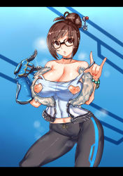 Rule 34 | 12cat, 1girl, beads, black-framed eyewear, black legwear, blue gloves, bracelet, breasts, brown eyes, brown hair, cleavage, collarbone, contrapposto, elbow gloves, fur, fur trim, glasses, gloves, groin, hair bun, hair ornament, hair stick, hairpin, highres, jewelry, large breasts, letterboxed, lips, looking at viewer, mei (overwatch), midriff, nail polish, navel, nipple cutout, nippleless clothes, nipples, off shoulder, overwatch, overwatch 1, pants, parted lips, red nails, short hair, single hair bun, solo, standing, tank top, thighs, tight clothes, tight pants