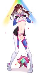 Rule 34 | 108 127, 1girl, ;d, armor, artist name, bad id, bad pixiv id, bodysuit, boots, bow, bow bra, bow panties, bra, bracer, breasts, brown eyes, brown hair, cleavage, contrapposto, d.va (overwatch), eyelashes, facepaint, facial mark, frilled bra, frilled panties, frills, gloves, hands up, headphones, heart, heart hands, high collar, highres, legs apart, long hair, matching hair/eyes, mecha, medium breasts, meka (overwatch), midriff, navel, one eye closed, open mouth, overwatch, overwatch 1, panties, pauldrons, pigeon-toed, pilot suit, pink bra, pink panties, polka dot, polka dot bra, ribbed bodysuit, robot, shoulder armor, shoulder pads, skin tight, smile, solo, standing, stomach, teeth, thigh boots, thigh strap, thighhighs, underwear, whisker markings, white footwear, white gloves