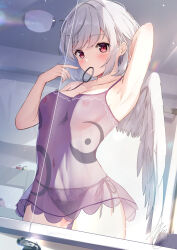 Rule 34 | 1girl, arm up, armpits, bathroom, breasts, chemise, cleavage, feathered wings, grey hair, hair tie in mouth, highres, kishin sagume, lace, lace panties, lingerie, looking at viewer, medium breasts, mirror, mouth hold, niko kusa, nipples, no bra, panties, purple chemise, red eyes, reflection, see-through, single wing, touhou, underwear, white wings, wings