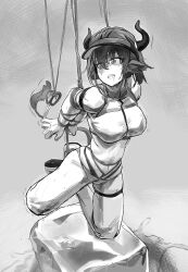 Rule 34 | 1girl, a tea, arknights, arms behind back, bdsm, bondage, bound, bra, commission, dragon horns, dragon tail, greyscale, hat, highres, horns, ice block, monochrome, multiple views, panties, predicament bondage, restrained, rope, scissors, shibari, shoes, sideroca (arknights), skindentation, tail, underwear, visor cap