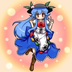 Rule 34 | 1girl, blue hair, blush, boots, bow, cross-laced footwear, double v, dress, eruru (erl), female focus, food, fruit, grin, hat, highres, hinanawi tenshi, lace-up boots, long hair, peach, red eyes, ribbon, smile, solo, touhou, v