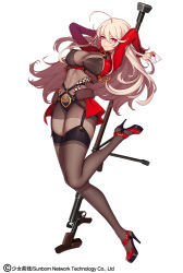 Rule 34 | 1girl, bodysuit, breasts, covered erect nipples, earrings, evan yang, full body, garter straps, girls&#039; frontline, gun, high heels, jewelry, letter, long hair, mole, mole under eye, navel, official alternate costume, official art, pink hair, purple eyes, see-through, simple background, smile, solo, thighhighs, weapon, white background