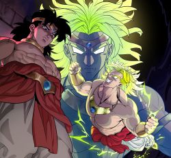 Rule 34 | 3boys, abs, absurdres, aura, baggy pants, black eyes, black hair, blank eyes, blonde hair, bracer, broly (dragon ball z), circlet, clenched hands, clenched teeth, commentary, dragon ball, dragonball z, earrings, english commentary, gem, glowing, highres, jewelry, large pectorals, legendary super saiyan, male focus, multiple boys, multiple persona, muscular, muscular male, necklace, pants, pectorals, projected inset, topless male, super saiyan, teeth, tomboyhusband, white pants