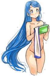 Rule 34 | 10s, 1girl, :o, blue eyes, blue hair, blush, collarbone, cropped legs, kantai collection, long hair, matching hair/eyes, nude, sachito, samidare (kancolle), shampoo, simple background, solo, towel, very long hair, wet, white background