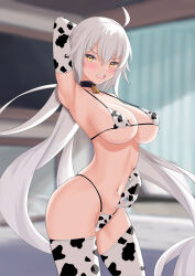 Rule 34 | 1girl, absurdres, animal print, annoyed, armpits, bell, bikini, black choker, blurry, blurry background, blush, breasts, choker, covered erect nipples, cow print, cow print bikini, cowbell, elbow gloves, fate/grand order, fate (series), floating hair, gloves, groin, highres, jeanne d&#039;arc alter (fate), large breasts, long hair, looking at viewer, micro bikini, navel, neck bell, nikuromuline, open mouth, print bikini, print gloves, print thighhighs, scowl, solo, stomach, strap gap, swimsuit, teeth, thighhighs, upper teeth only, v-shaped eyebrows, very long hair, white hair, yellow eyes