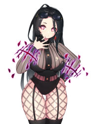Rule 34 | 1girl, absurdres, black hair, black leotard, black thighhighs, bow ring, closed mouth, cowboy shot, elsword, eyewear on head, garter straps, gluteal fold, hand on own hip, hand up, heart, heart-shaped pupils, highres, leotard, long hair, looking at viewer, magic, pepper0, red eyes, simple background, smile, solo, standing, sunglasses, symbol-shaped pupils, thick thighs, thigh gap, thighhighs, thighs, white background