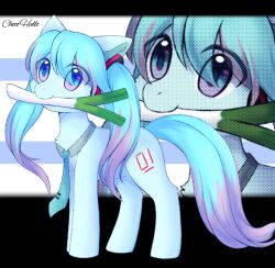 aleurajan animal animal_focus animalization aqua_hair commentary cutie_mark english_commentary full_body hatsune_miku hatsune_miku_(pony) highres kotobukiya_bishoujo long_hair looking_at_viewer mouth_hold multicolored_hair my_little_pony my_little_pony:_friendship_is_magic necktie no_humans pink_hair pony_(animal) spring_onion standing tail twintails two-tone_hair vocaloid zoom_layer