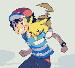 Rule 34 | 1boy, ame (ame025), ash ketchum, baseball cap, blue shirt, bracelet, brown eyes, clenched hands, collarbone, creatures (company), electricity, game freak, gen 1 pokemon, grin, hat, jewelry, male focus, nintendo, on shoulder, pants, pikachu, pokemon, pokemon (anime), pokemon (creature), pokemon on shoulder, pokemon sm (anime), shirt, short hair, short sleeves, smile, striped clothes, striped shirt, t-shirt, teeth, z-ring