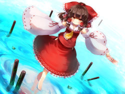 Rule 34 | 1girl, barefoot, bow, brown hair, detached sleeves, dutch angle, gengetsu chihiro, hair bow, hakurei reimu, highres, japanese clothes, long hair, looking at viewer, miko, red eyes, ribbon, ripples, smile, solo, standing, standing on liquid, touhou, water