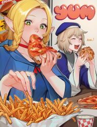 Rule 34 | 2girls, absurdres, beret, blonde hair, blue capelet, blue hat, blue robe, braid, bright pupils, capelet, choker, cinnamon roll, closed eyes, commentary, dungeon meshi, eating, elbow on table, elf, english commentary, falin touden, falin touden (tallman), fast food, fingernails, food, food in mouth, french fries, green eyes, hat, highres, holding, holding food, holding pizza, lavelis, light blush, light brown hair, long hair, long pointy ears, looking at food, marcille donato, multiple girls, open mouth, pizza, pizza slice, pointy ears, red choker, robe, short hair, sleeves past elbows, teeth, tongue, twin braids, white pupils, wide sleeves