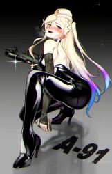 Rule 34 | 1girl, a-91, a-91 (girls frontine), ass, assault rifle, bare shoulders, black bodysuit, blonde hair, blue hair, blush, bodysuit, breasts, bullpup, caseless firearm, character name, commentary request, drunk, earrings, elbow gloves, fingerless gloves, flask, full body, girls&#039; frontline, gloves, gp-95, grenade launcher, gun, hat, high heels, highres, hip flask, holding, holding flask, holding gun, holding weapon, jewelry, kbp instrument design bureau, kneeling, large breasts, latex, latex bodysuit, long hair, looking at viewer, mole, mole under eye, multicolored hair, multiple-barrel firearm, on one knee, open mouth, ponytail, rifle, ryuu tou, saliva, smile, solo, tongue, underbarrel grenade launcher, weapon, yellow eyes
